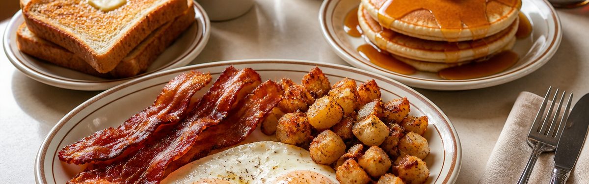 Diner breakfast spread — eggs over easy, home fries, bacon, toast and pancakes