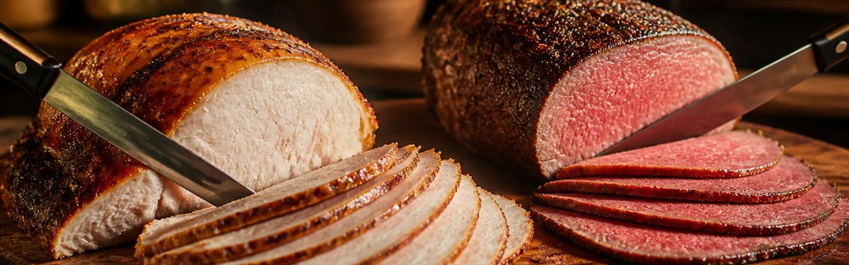 Whole roasted turkey breast and top round roast beef being hand carved on a deli block