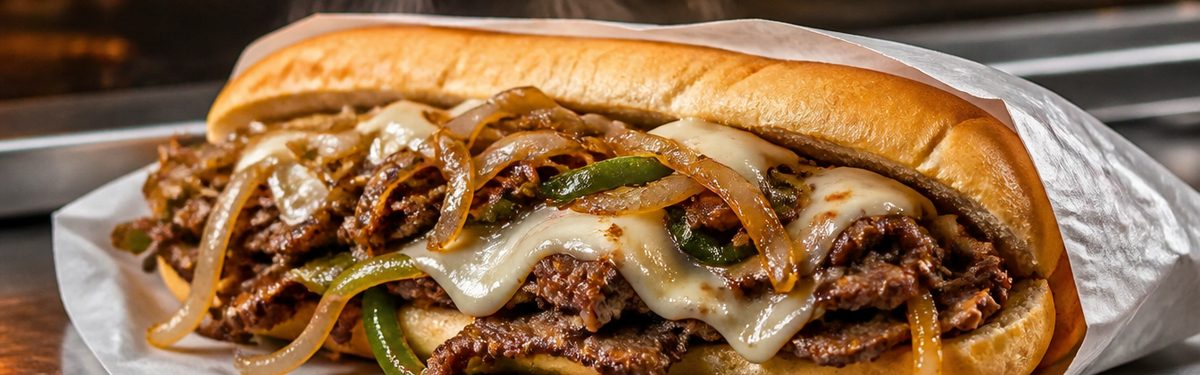 Philadelphia cheesesteak with melted cheese, grilled onions and peppers
