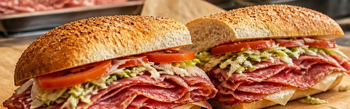 Italian hoagie on a seeded roll with capicola, salami, provolone, lettuce and tomato