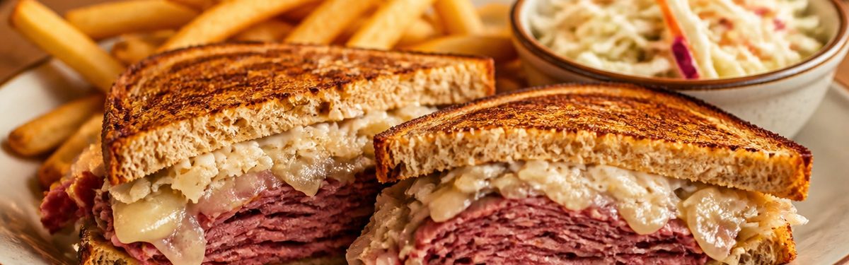 Grilled Reuben on rye with corned beef, Swiss and sauerkraut, served with fries and coleslaw
