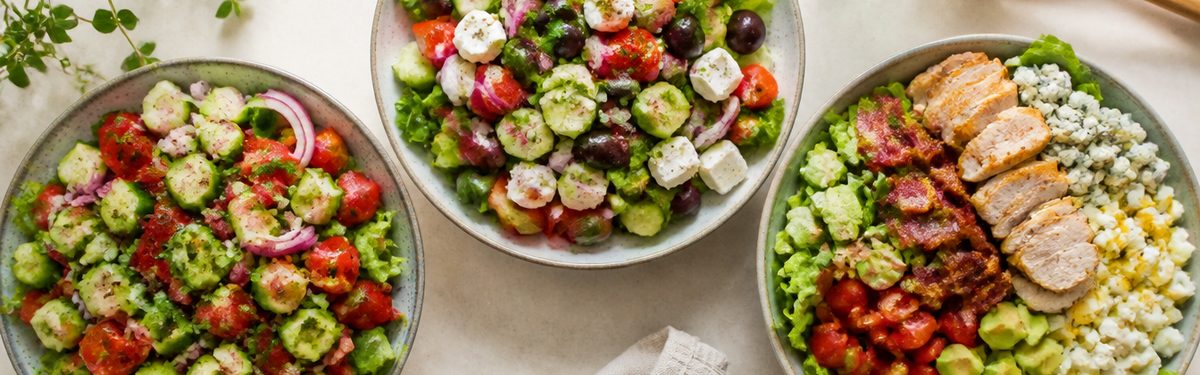 Fresh garden, Greek and Cobb salads